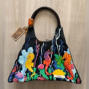 Vintage Paul Brent Coastal Life Sequined Tropical Bag Beach Seahorses Coral